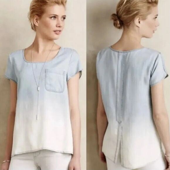 ANTHROPOLOGIE HOLDING HORSES Blue Chambray Ombre Denim Tee Shirt Blouse Top S - Picture 9 of 9